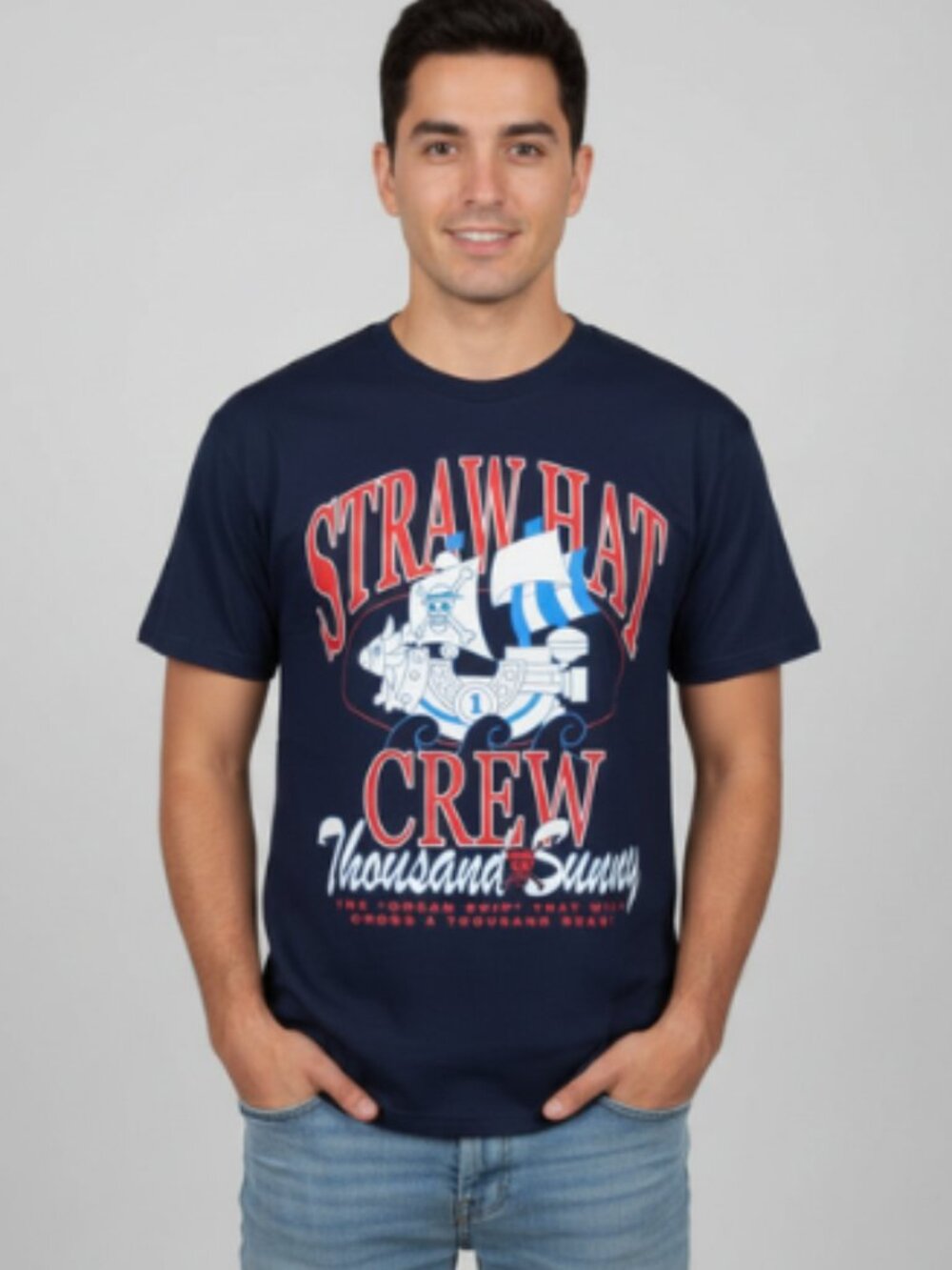 One Piece Straw Hat Crew Thousand Sunny Anime T-Shirt Navy Adult Size Large